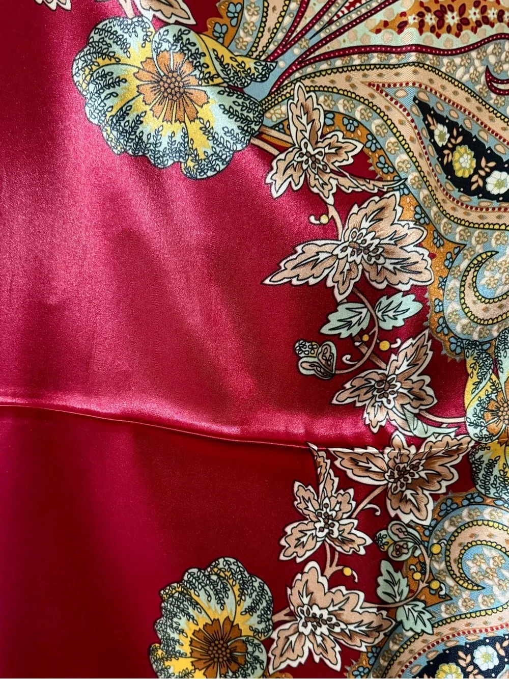 Boho Paisley Print Silky Satin Square Neck Scarf, Red Maroon Burgundy & Gold